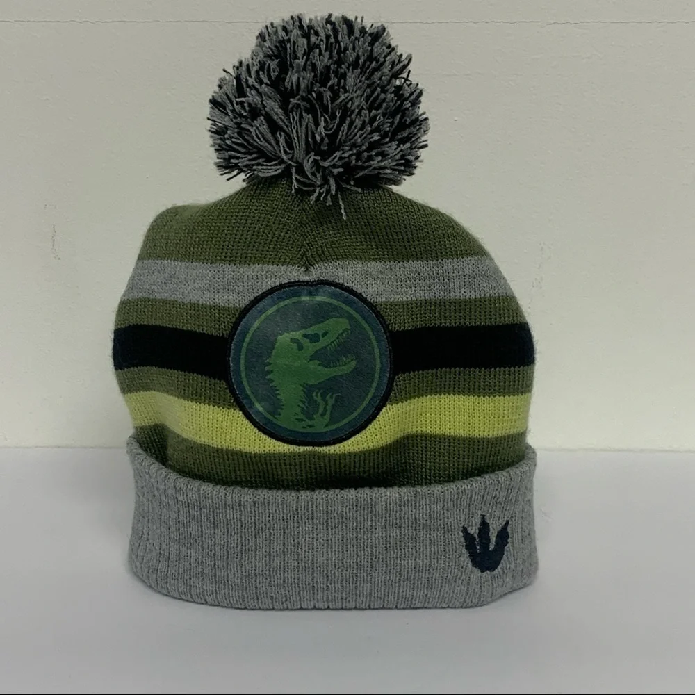 Jurassic World Kids Gray/Green Striped Hat with Pom Pom | One Size Fits Most